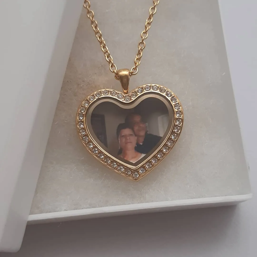 FL59 - Personalized Heart Locket Necklace with Photo, CZ Gold Stainless Steel