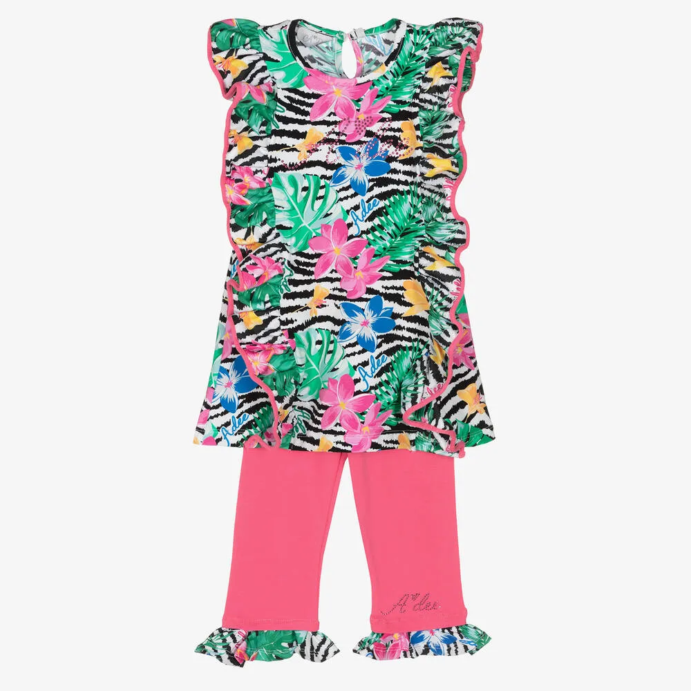 Girls Cotton Tropical Flowers Leggings Set