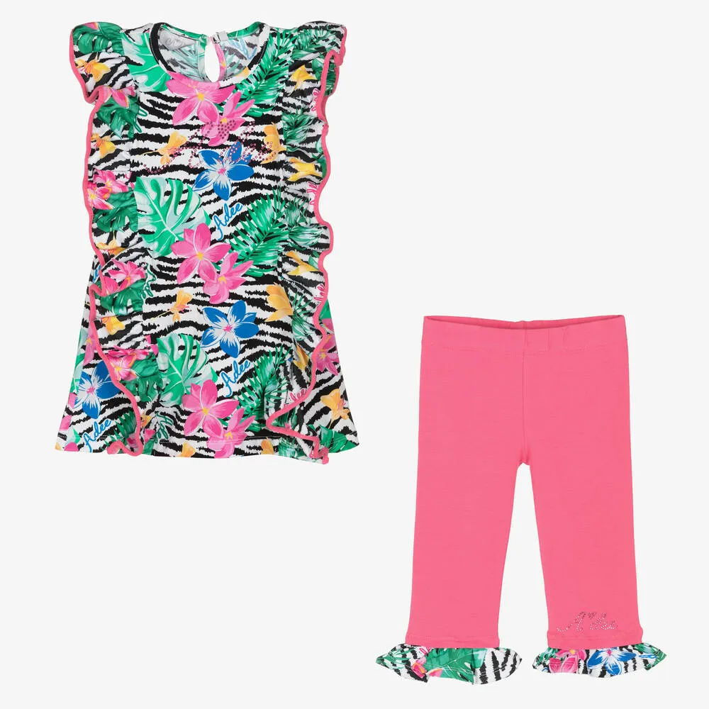 Girls Cotton Tropical Flowers Leggings Set