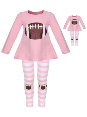 Girls Pink And White Long Sleeve Glittered Football Top And Striped Legging Set with Matching Doll Set