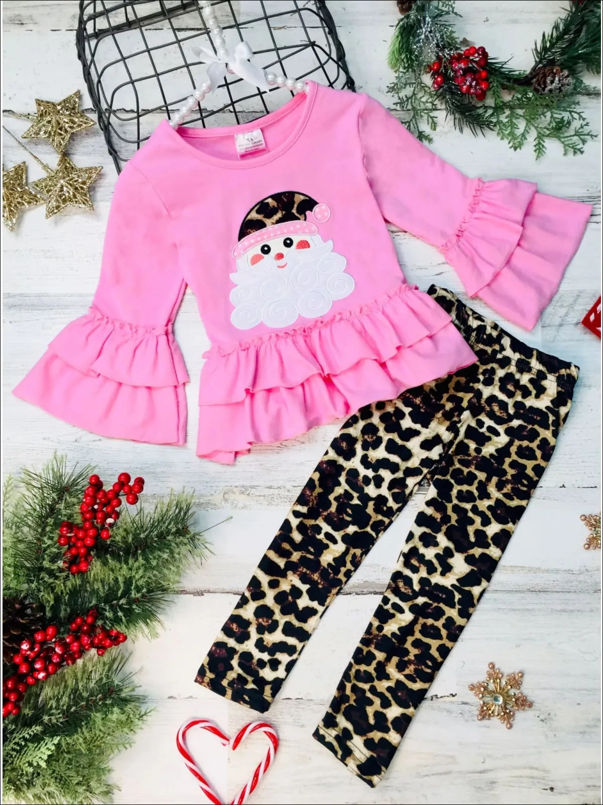 Girls Tiered Ruffled Santa Top and Leopard Legging Set