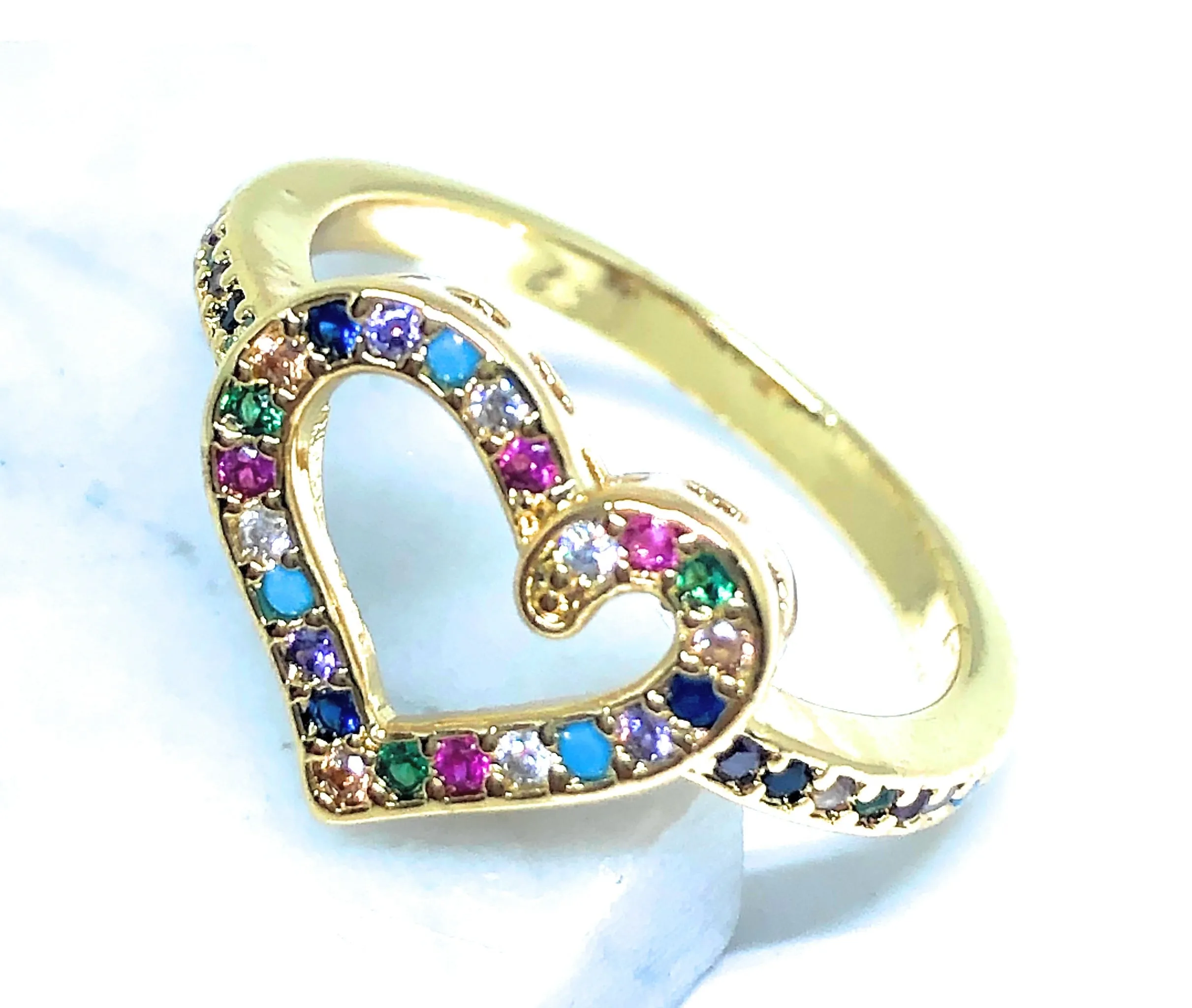 Gold Plated Colorful multi-color Stone Heart Ring Anillo