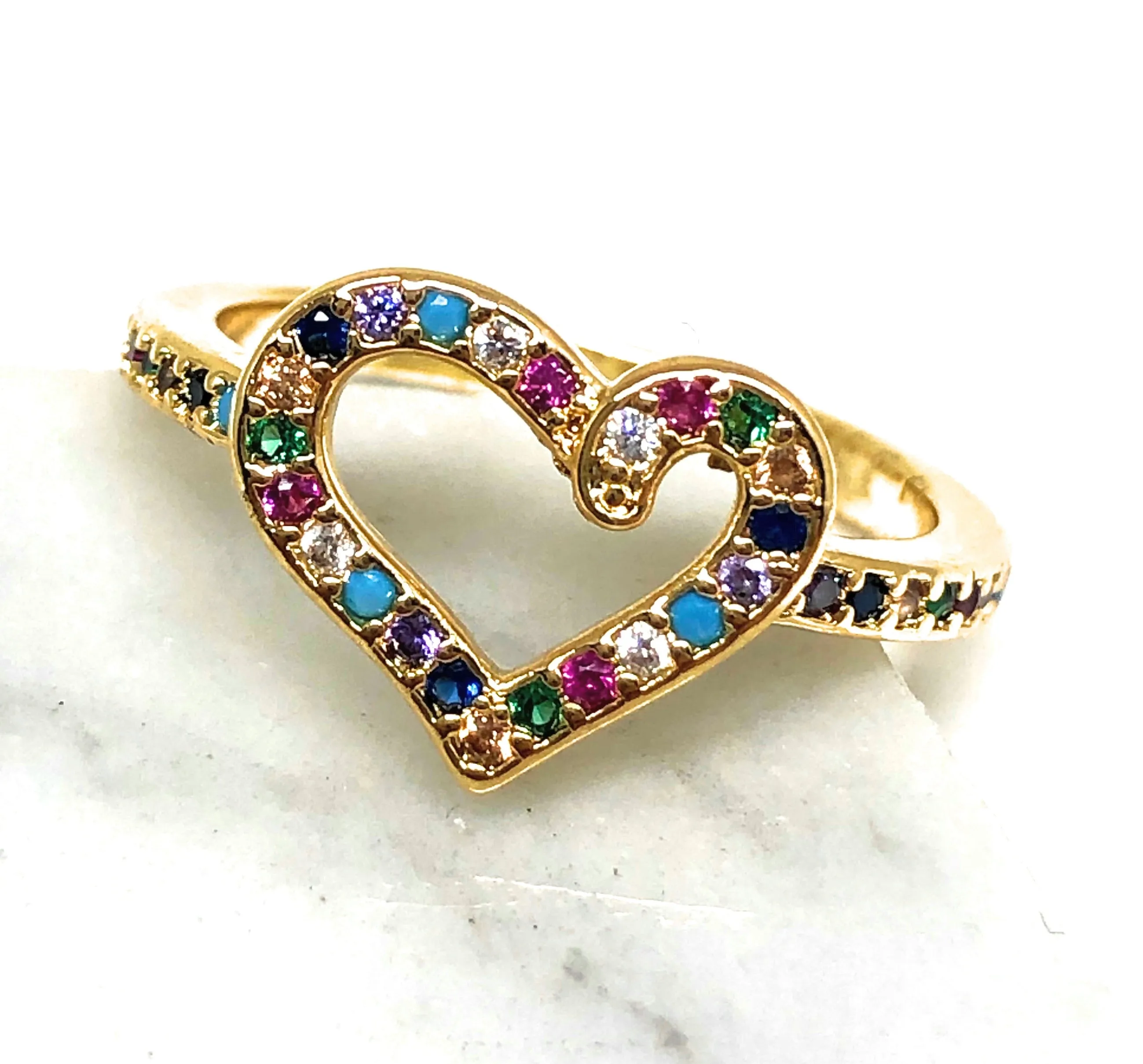 Gold Plated Colorful multi-color Stone Heart Ring Anillo