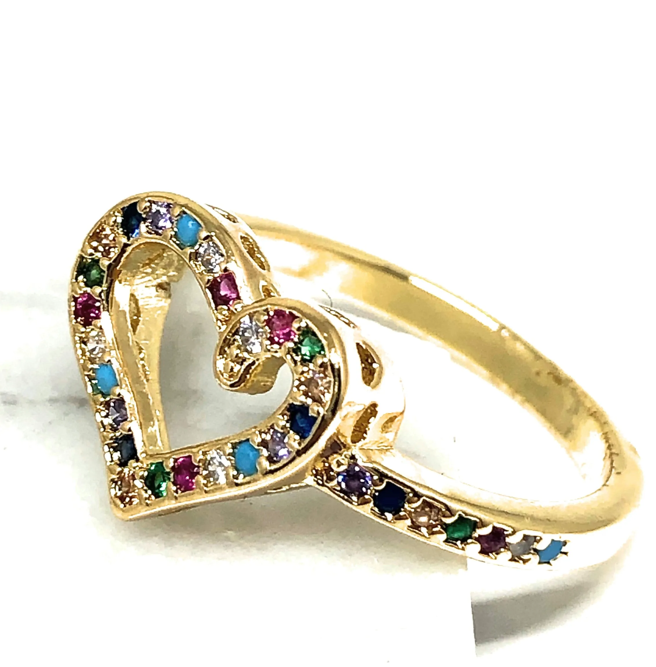 Gold Plated Colorful multi-color Stone Heart Ring Anillo