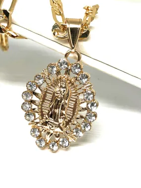 Gold Plated Virgin Mary White Stone Pendant with 26 Chain / Virgen de Guadalupe Medalla Piedras Blancas Cadena 26 Oro Laminado