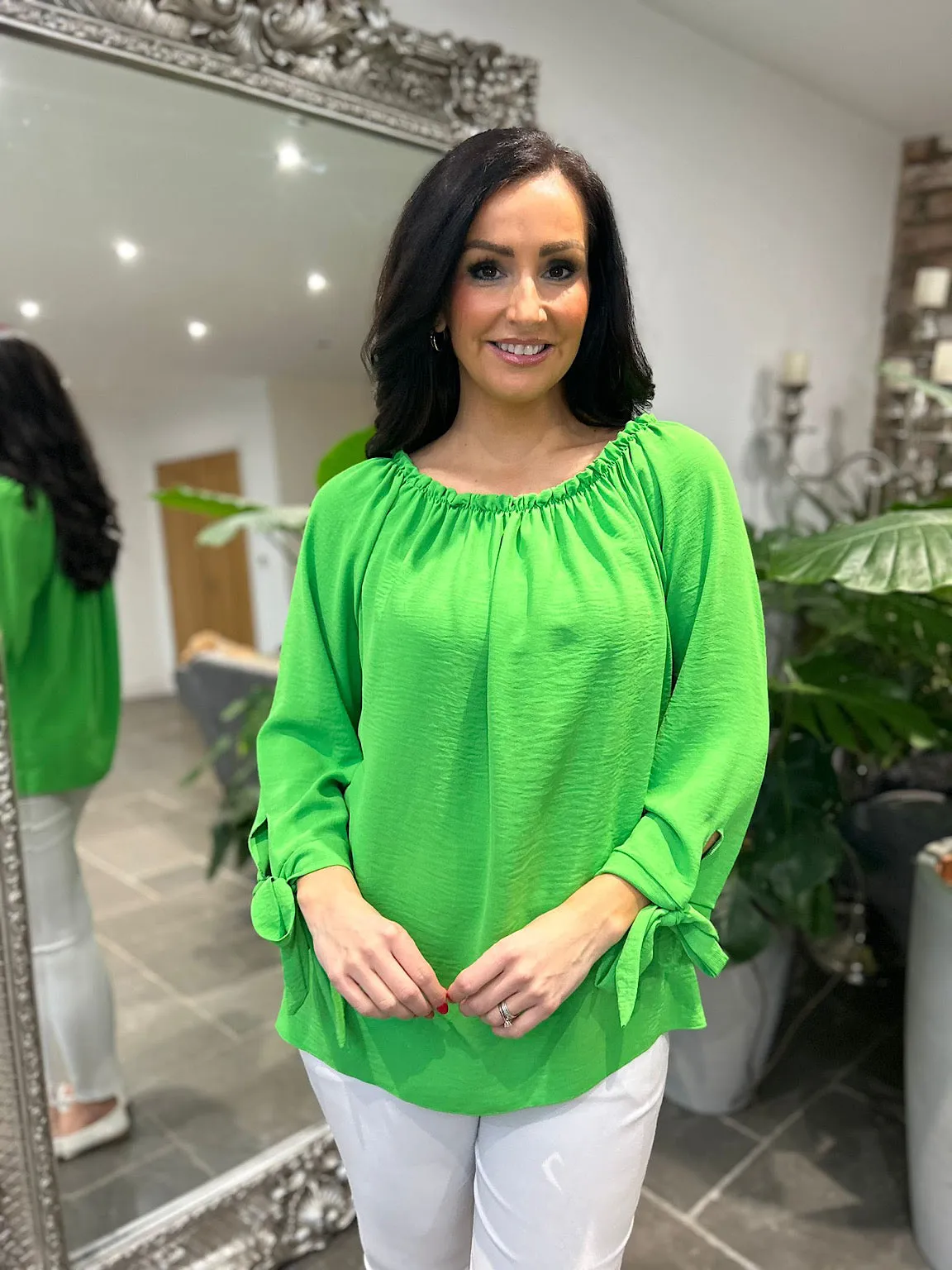 Green Tied Sleeve Bardot Top Trinity