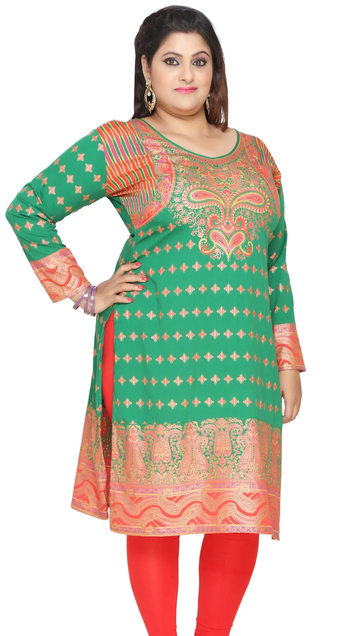 Indian Tunics Kurti Long Top Womens Plus Size Apparel (Green)