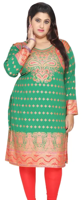 Indian Tunics Kurti Long Top Womens Plus Size Apparel (Green)