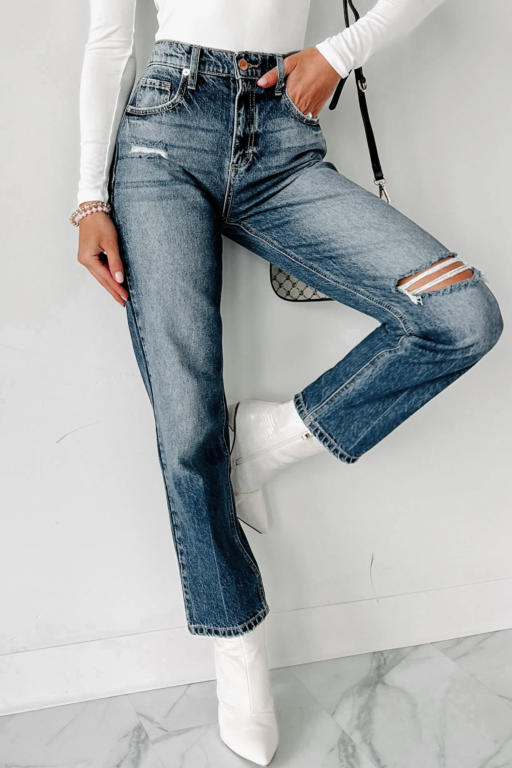 Into It Distressed High Rise 90s Straight Leg Jeans (Medium Dark)