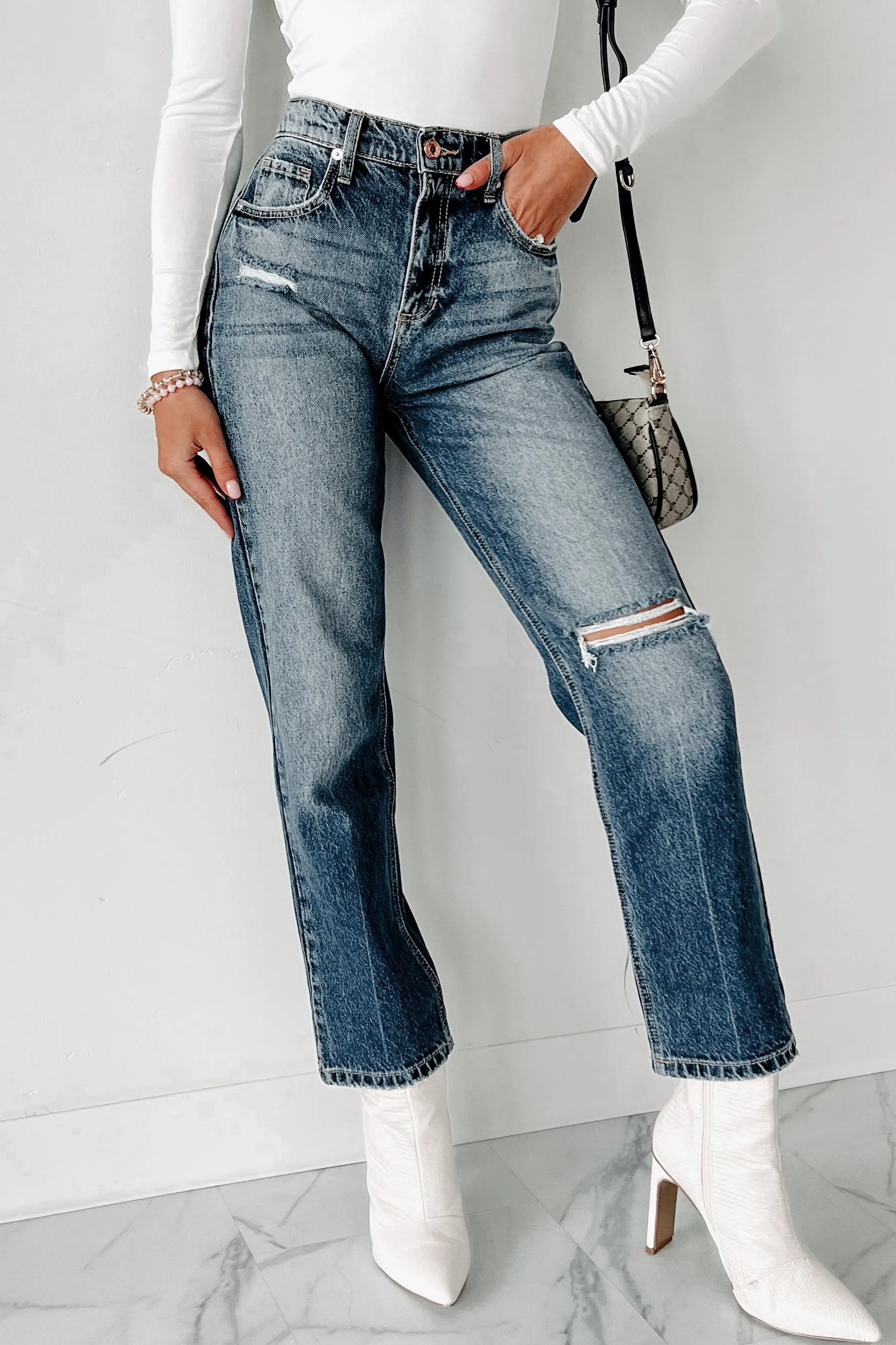 Into It Distressed High Rise 90s Straight Leg Jeans (Medium Dark)