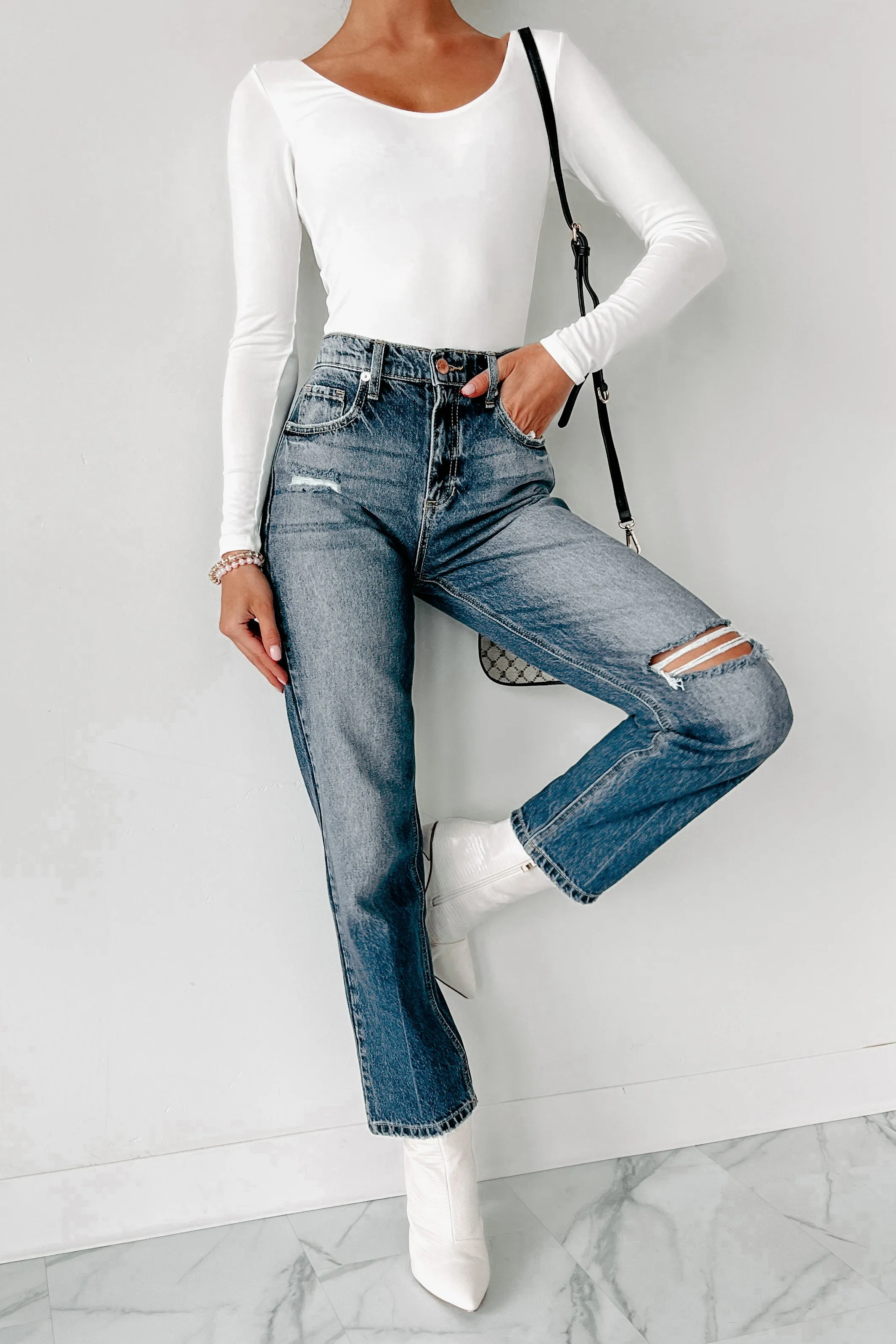 Into It Distressed High Rise 90s Straight Leg Jeans (Medium Dark)