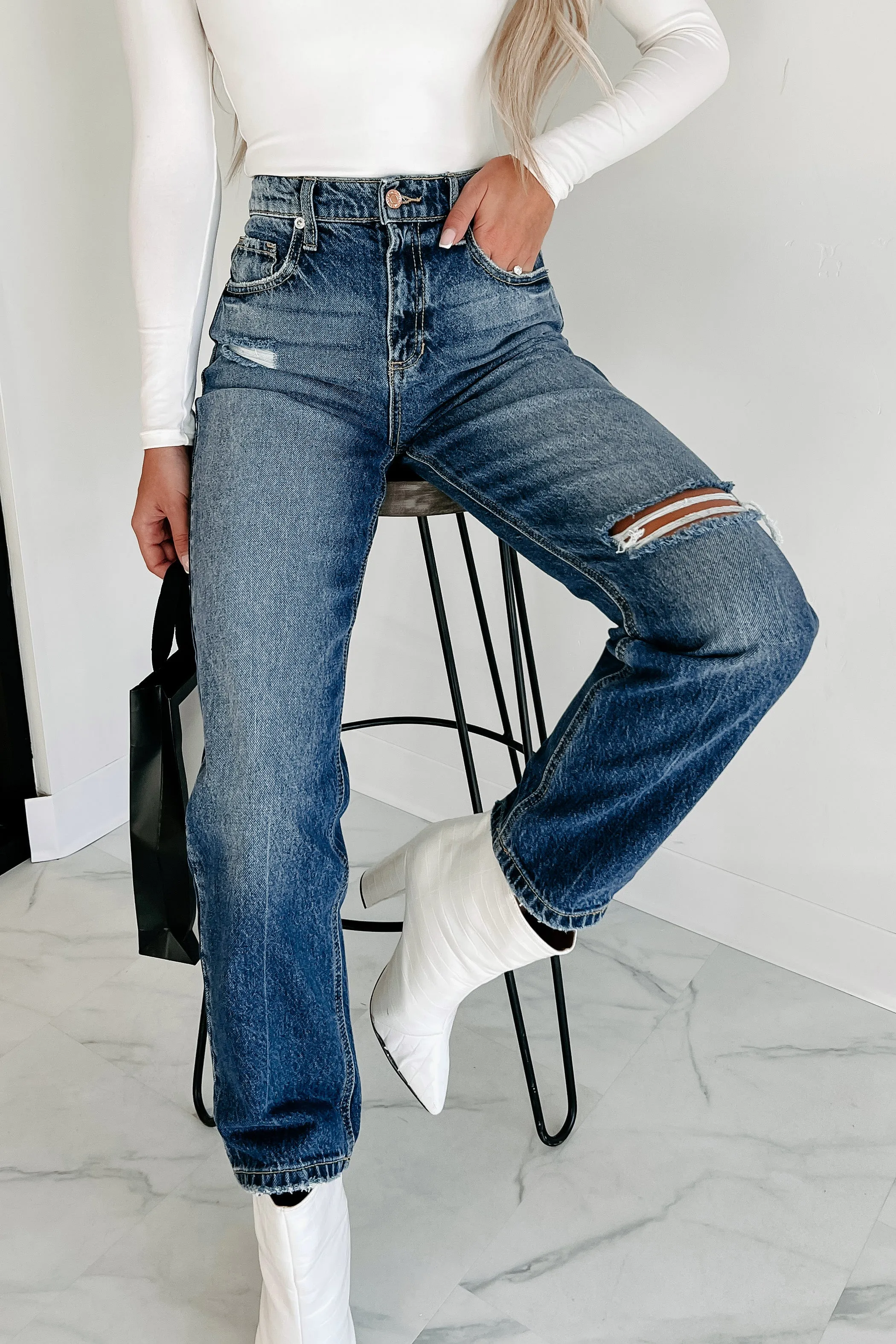 Into It Distressed High Rise 90s Straight Leg Jeans (Medium Dark)