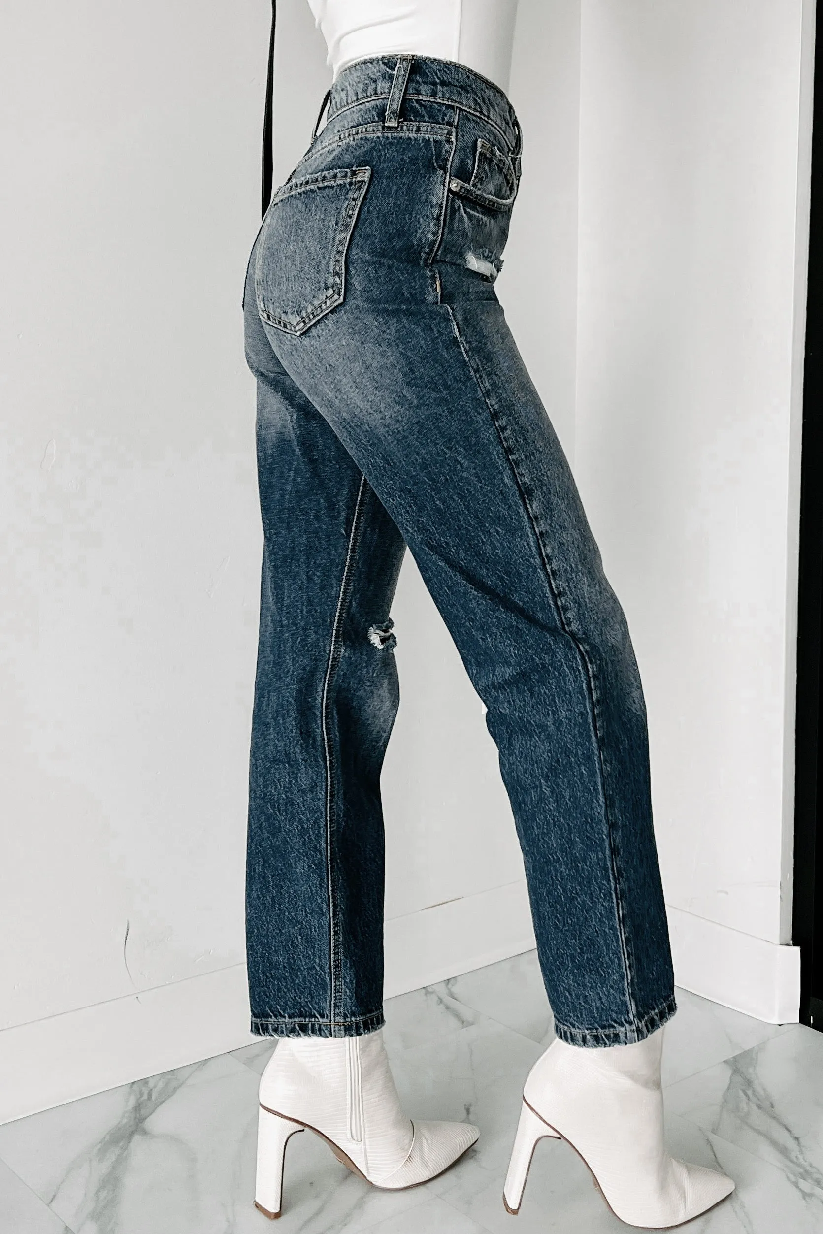 Into It Distressed High Rise 90s Straight Leg Jeans (Medium Dark)