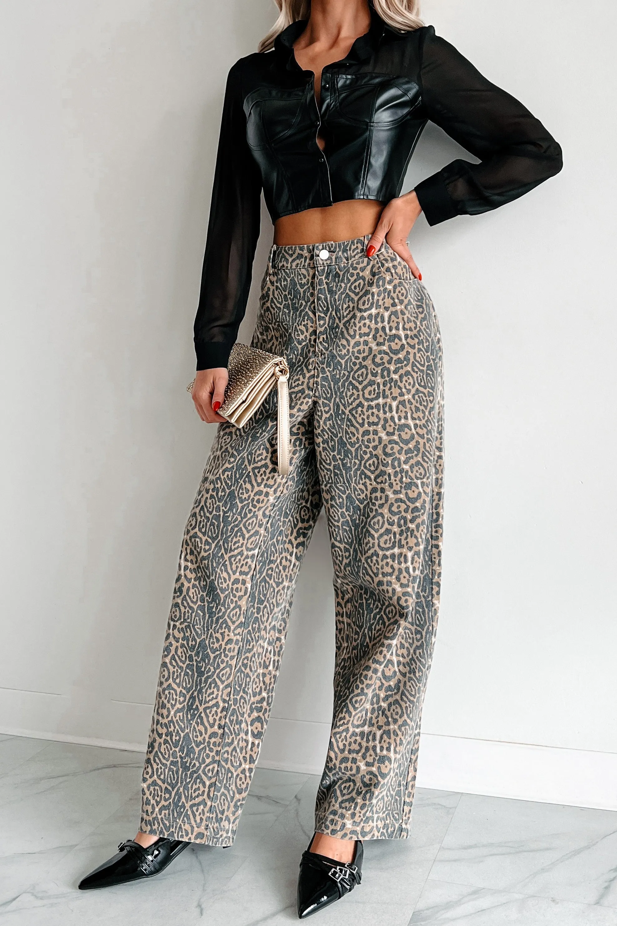 Jungle Roots High Waist Animal Print Jeans (Tan/Charcoal)