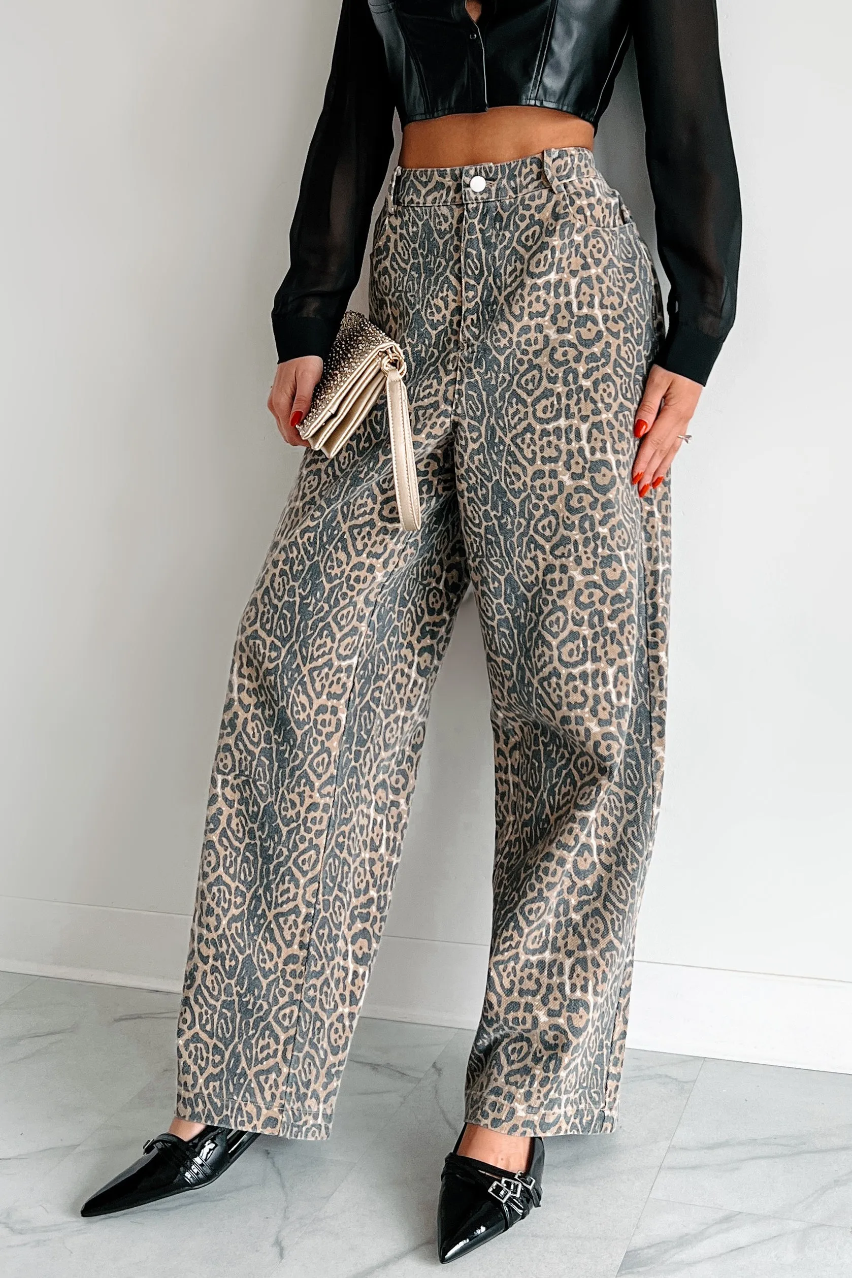 Jungle Roots High Waist Animal Print Jeans (Tan/Charcoal)