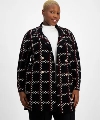 Kasper Plus Size Printed Open-Front Notched-Collar Cardigan Sweater