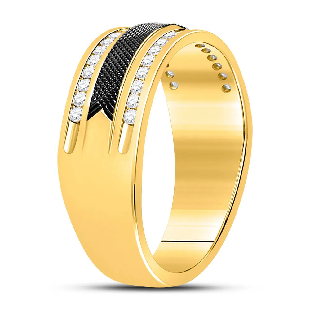 Keene Jewelers 14kt Yellow Gold Mens Round Diamond Double Row Black Textured Wedding Band Ring 1/4 Cttw