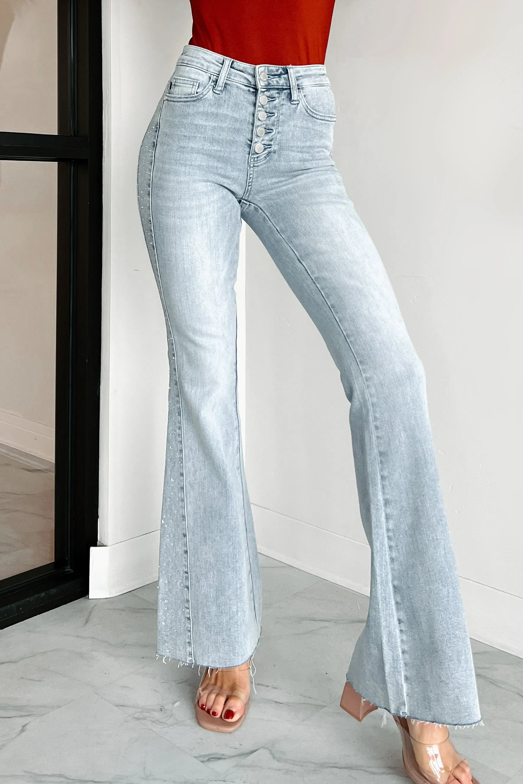 Keira Judy Blue Button Fly Rhinestone Side Flare Jeans (Light Blue)