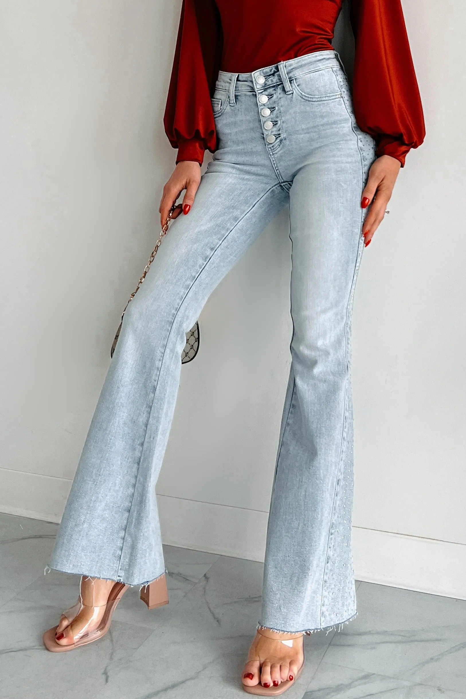 Keira Judy Blue Button Fly Rhinestone Side Flare Jeans (Light Blue)