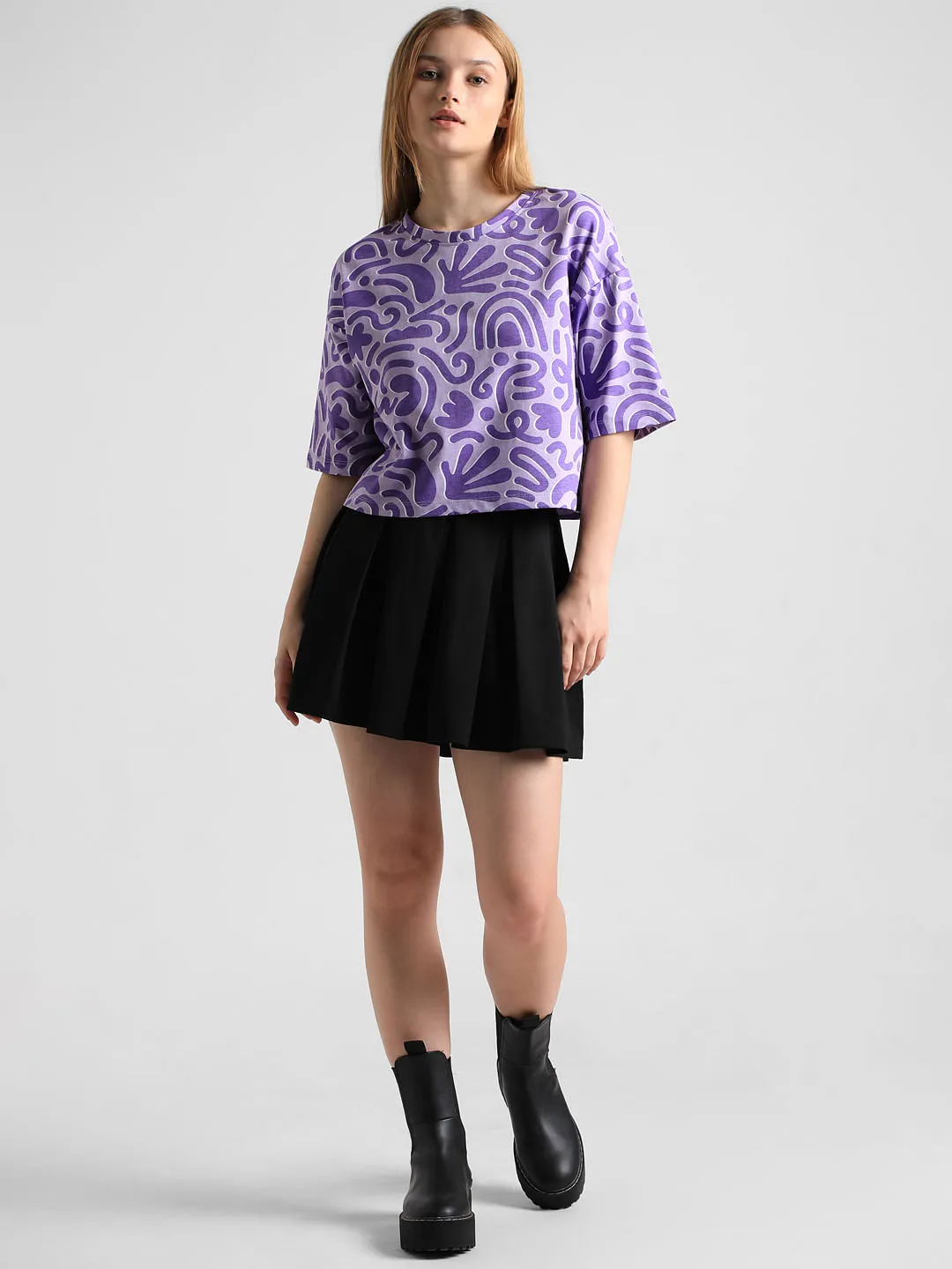 Lavender Printed Boxy Fit T-shirt