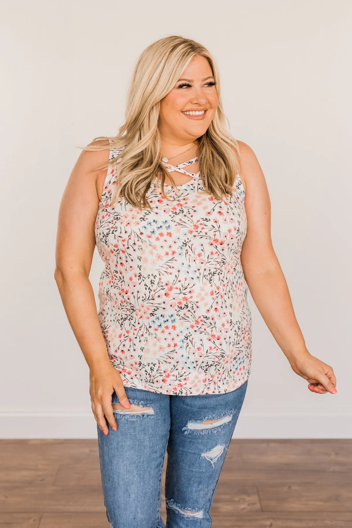 Like A Summer Breeze Floral Criss-Cross Tank- Ivory