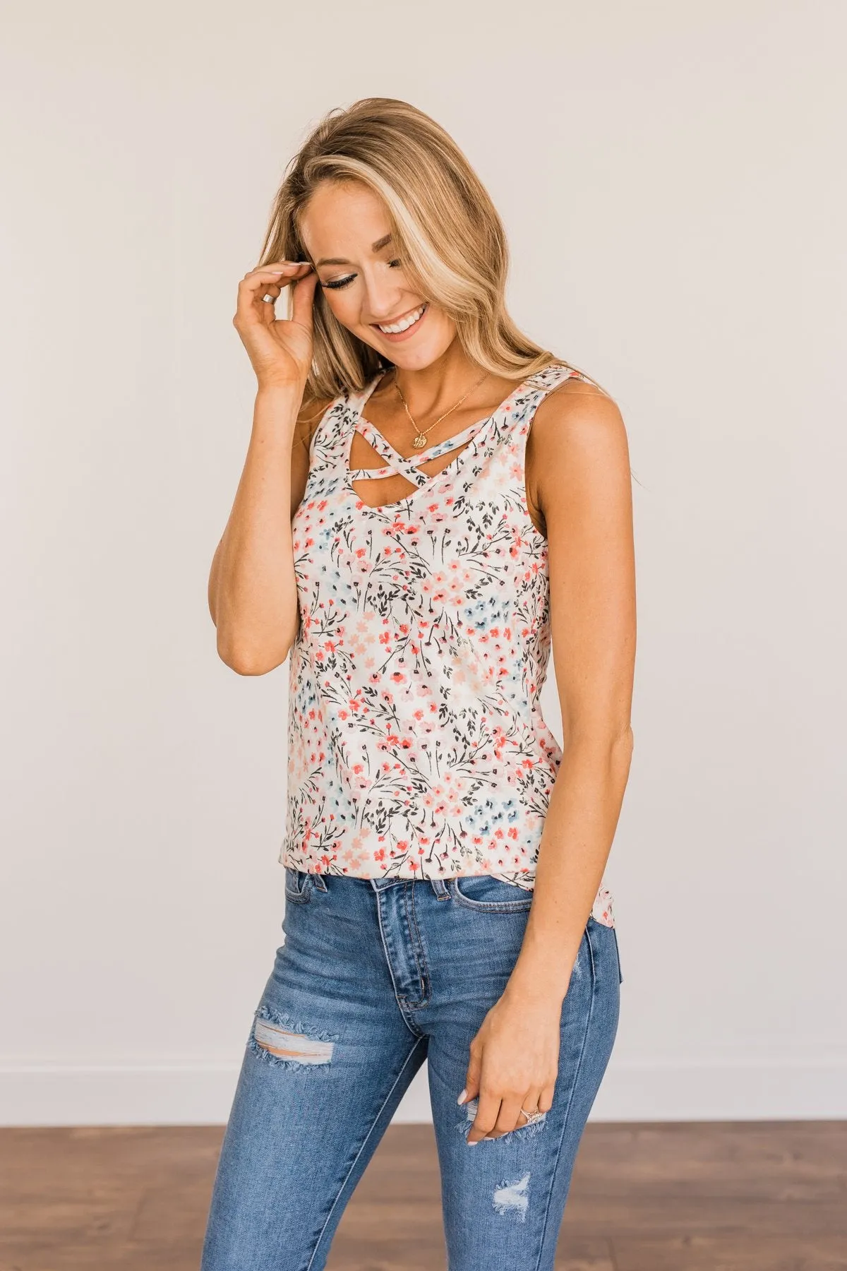 Like A Summer Breeze Floral Criss-Cross Tank- Ivory