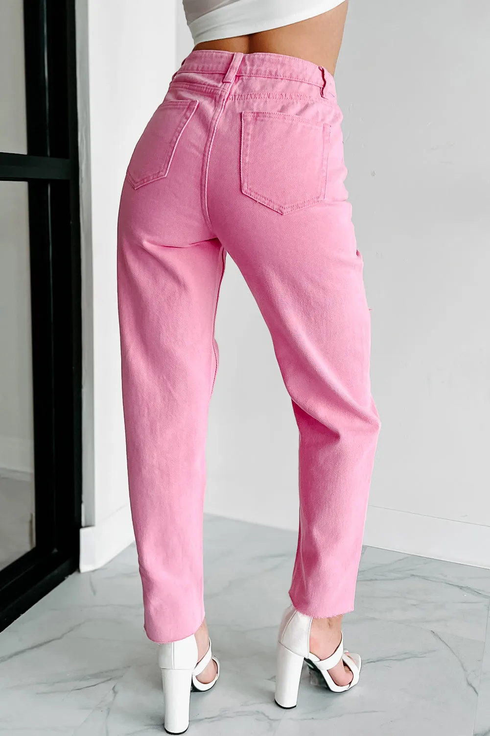 Looking For A Change High Rise Distressed Straight Leg Jeans (Pink)