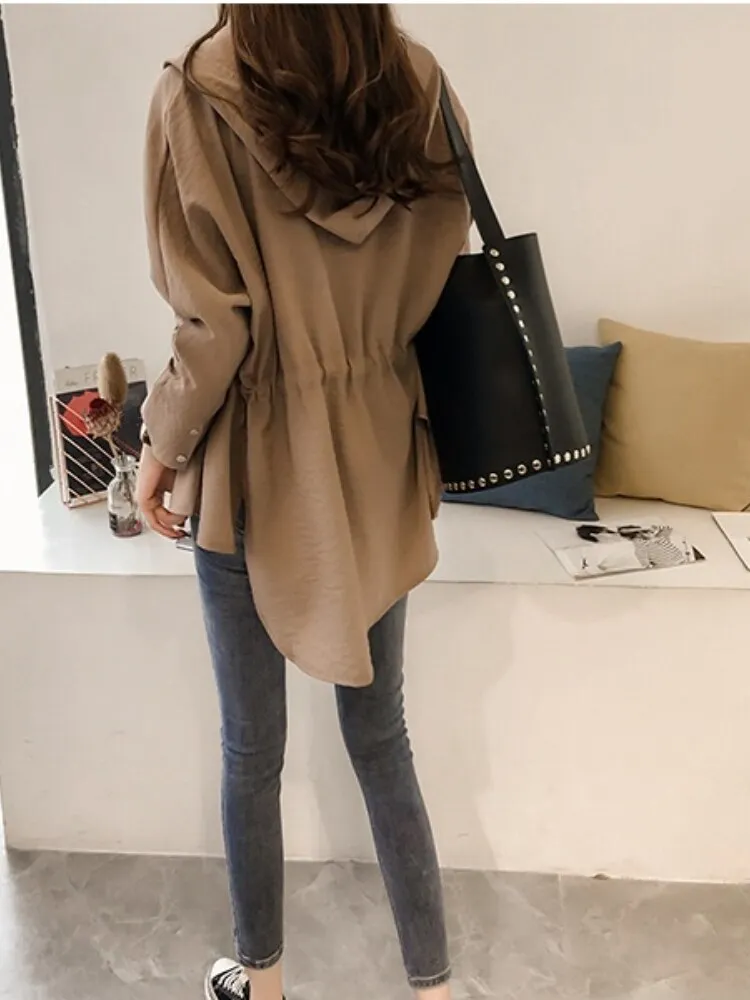 Loose Hooded Windbreaker Women Slim Long Sleeve Cardigan Trench Coat