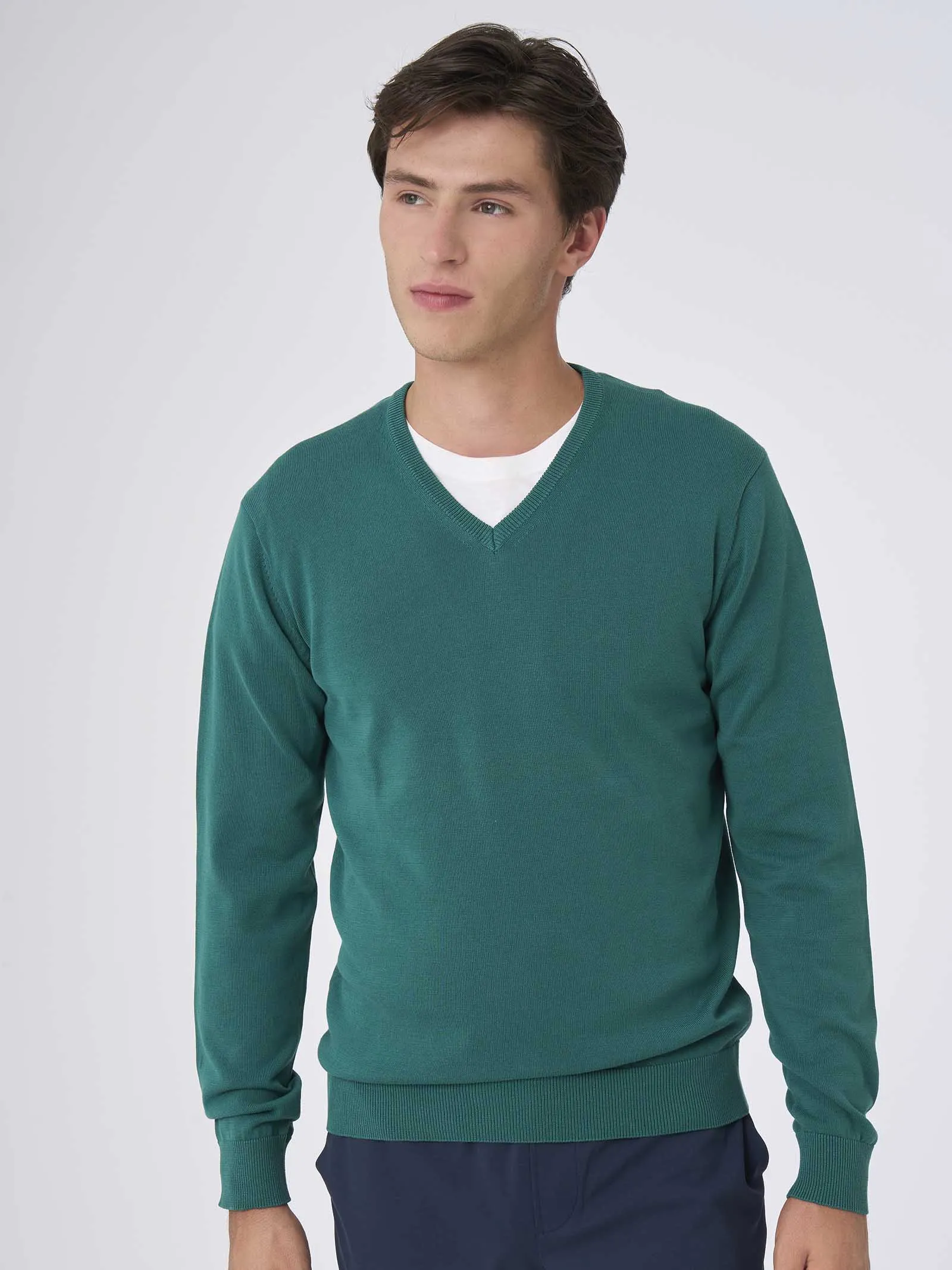 Maglia scollo a V in Pure Cotton - Evergreen