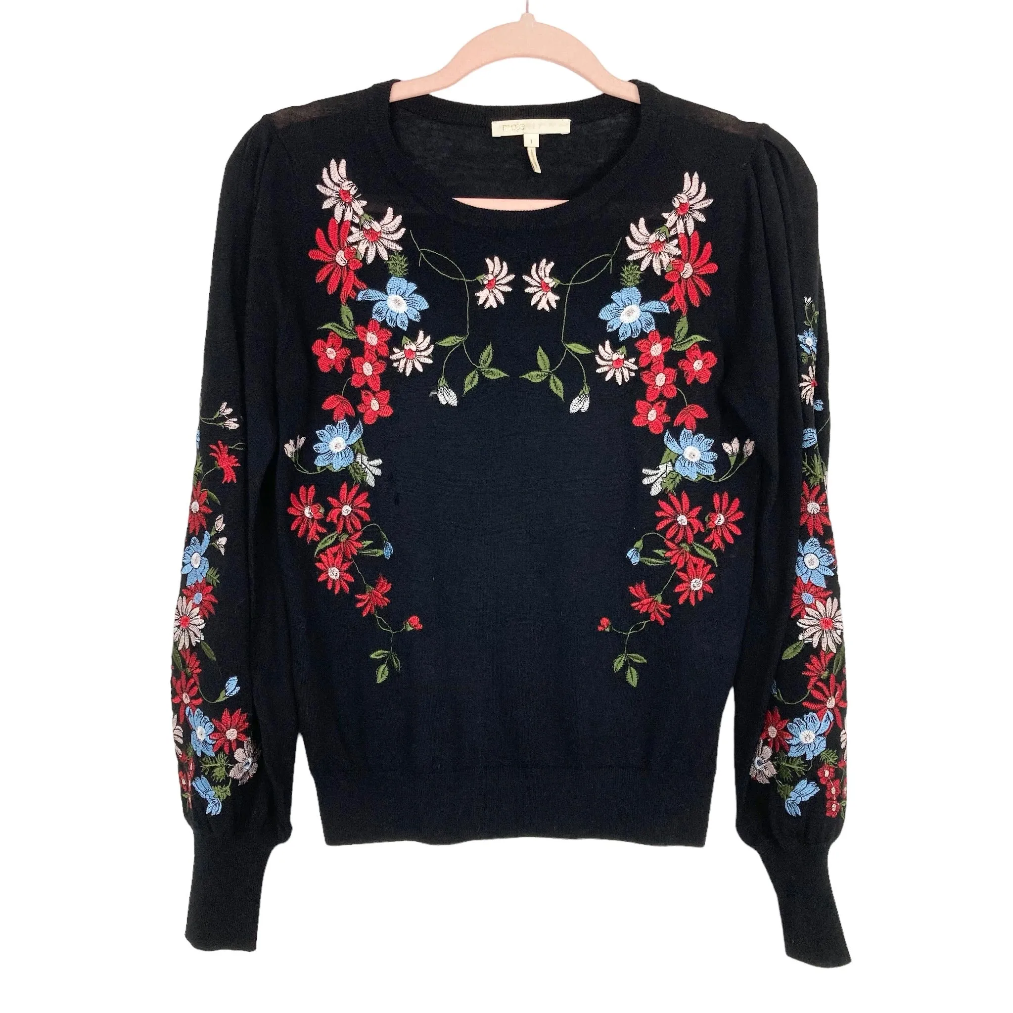 Maje Black with Embroidered Floral Pattern Lightweight Sweater- Size 1 (see notes)