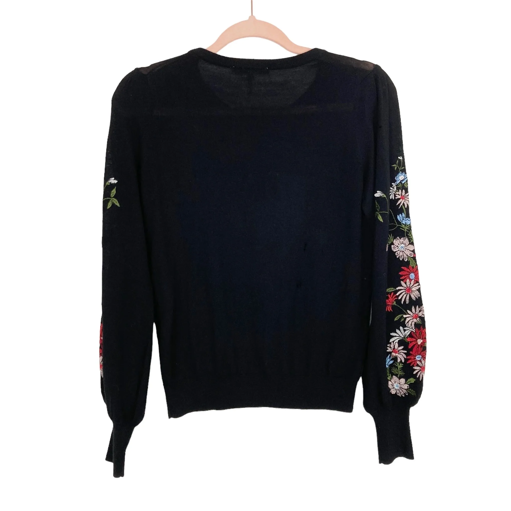 Maje Black with Embroidered Floral Pattern Lightweight Sweater- Size 1 (see notes)