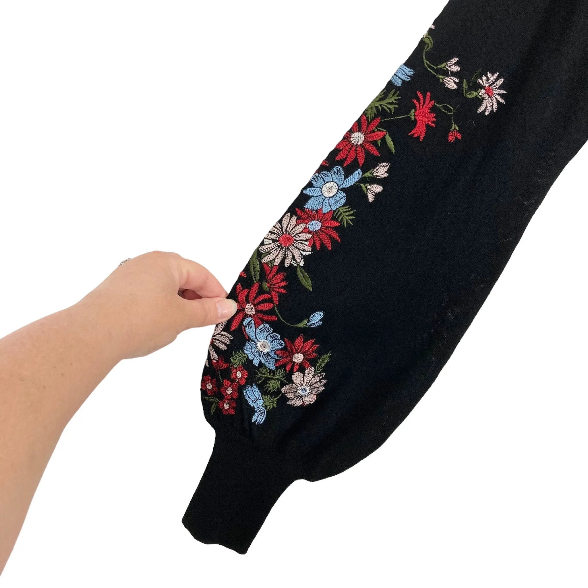 Maje Black with Embroidered Floral Pattern Lightweight Sweater- Size 1 (see notes)