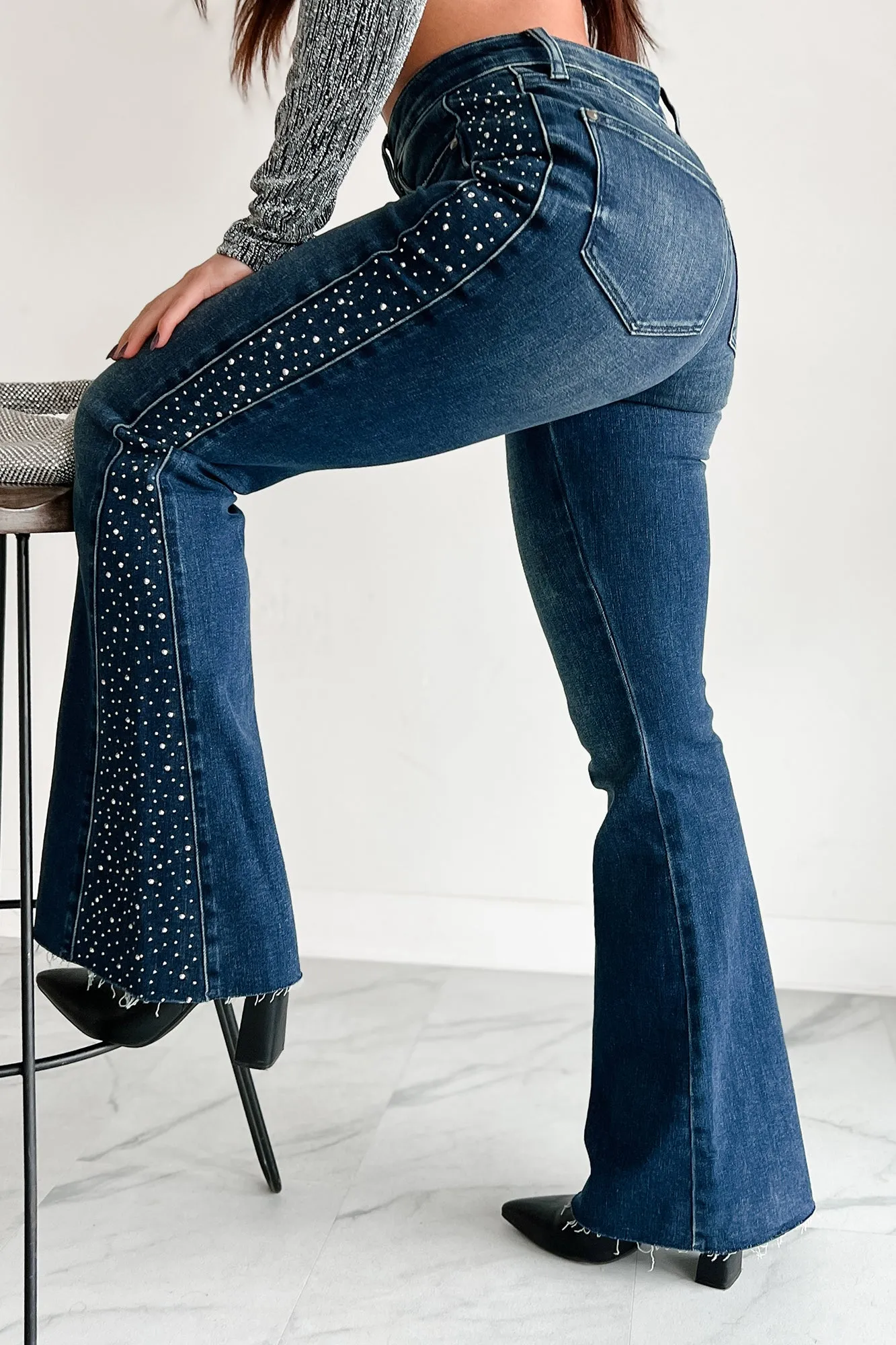 Mandra Mid Rise Rhinestone Embellished Judy Blue Flare Jeans (Dark Blue)