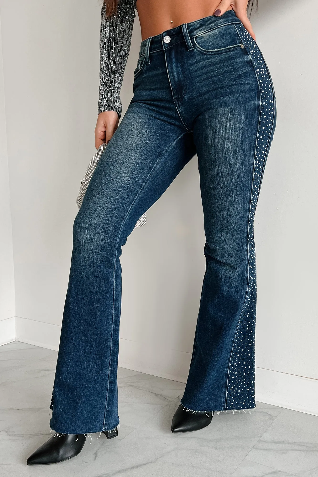 Mandra Mid Rise Rhinestone Embellished Judy Blue Flare Jeans (Dark Blue)