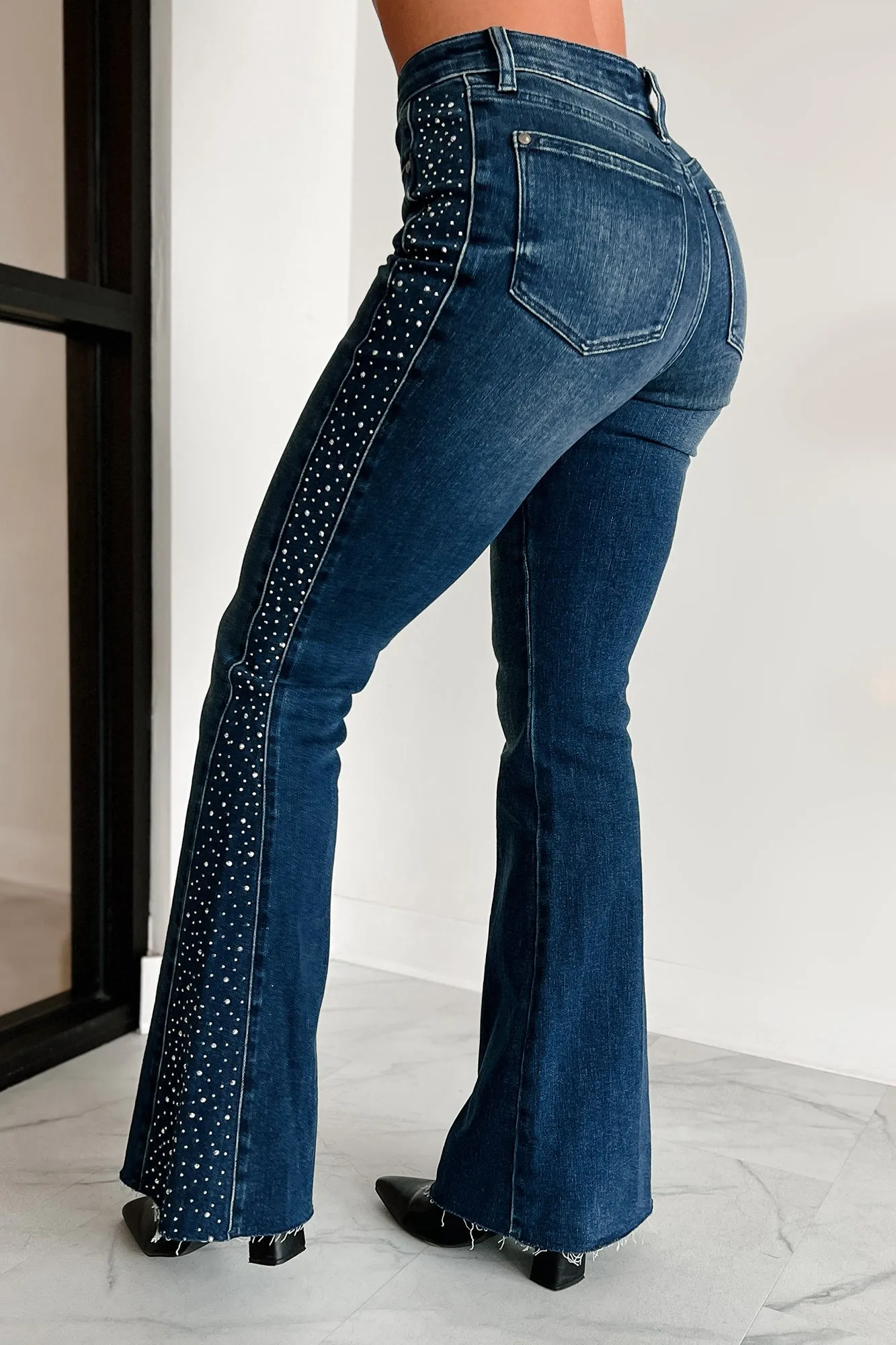 Mandra Mid Rise Rhinestone Embellished Judy Blue Flare Jeans (Dark Blue)