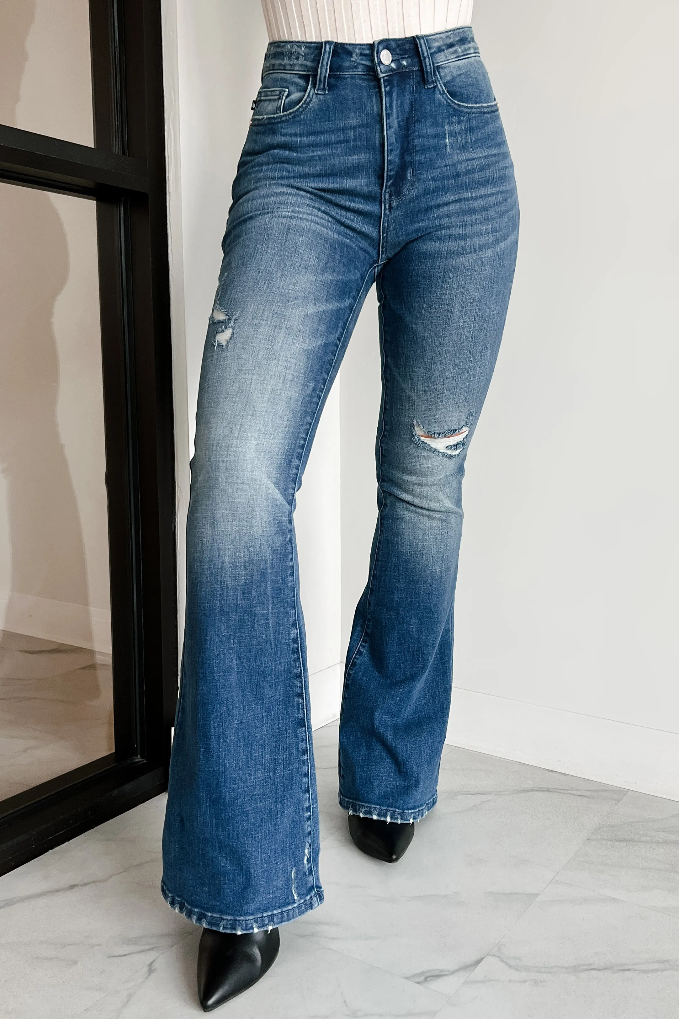 Matty Judy Blue High Rise Distressed Flare Jeans (Dark)