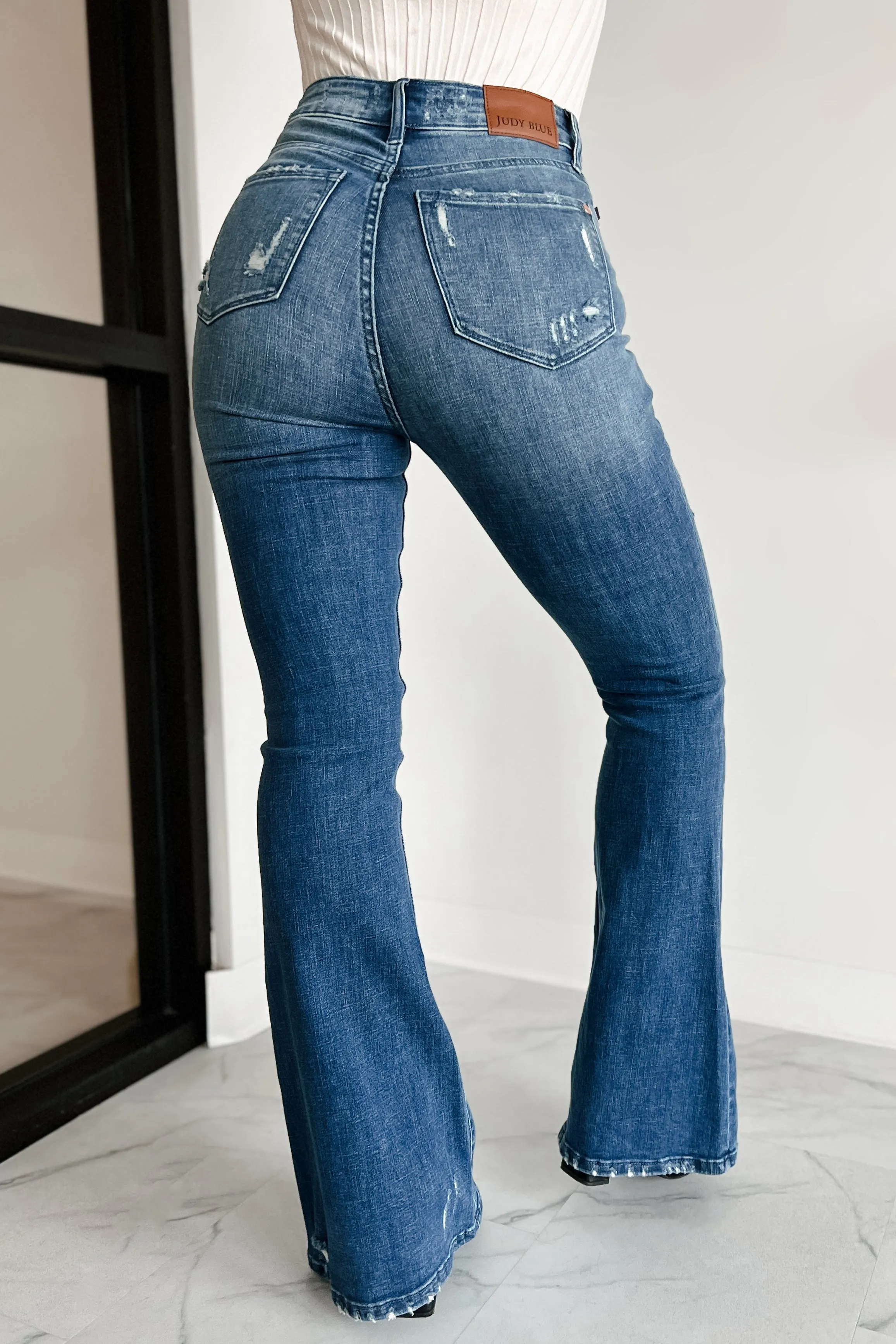 Matty Judy Blue High Rise Distressed Flare Jeans (Dark)