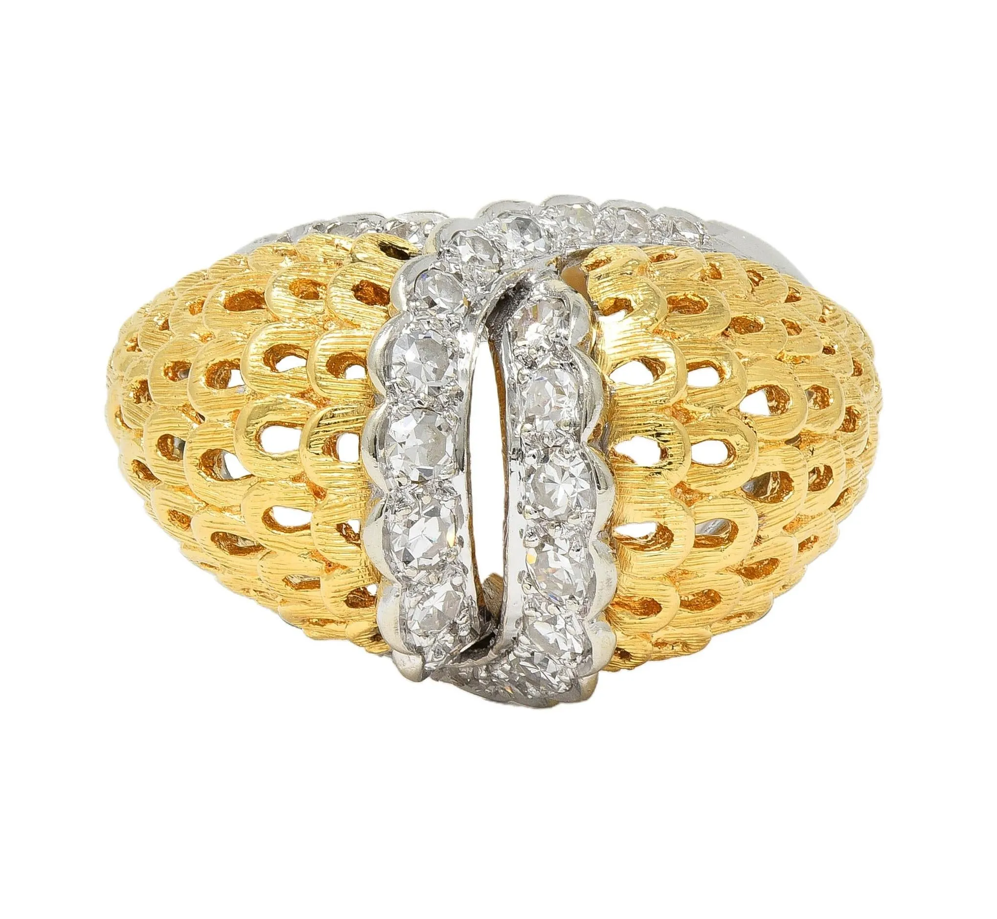 Mid-Century 0.66 CTW Diamond 18 Karat Two-Tone Gold Vintage Domed Cocktail Ring