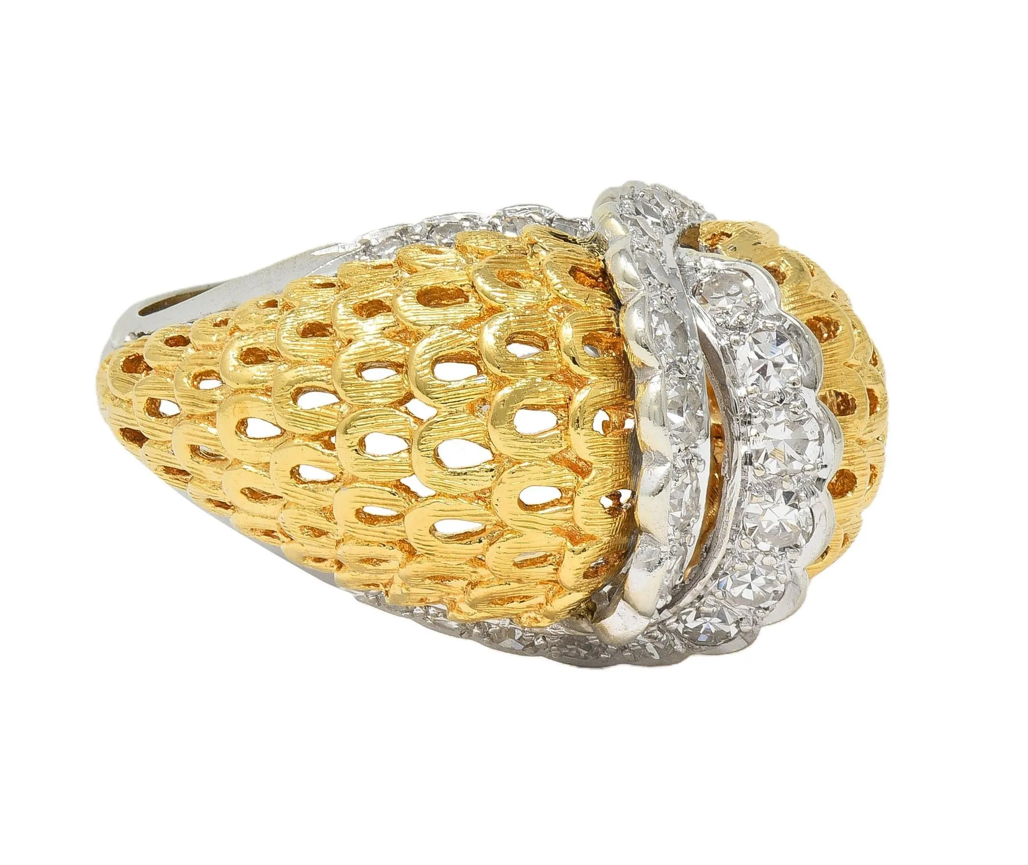 Mid-Century 0.66 CTW Diamond 18 Karat Two-Tone Gold Vintage Domed Cocktail Ring