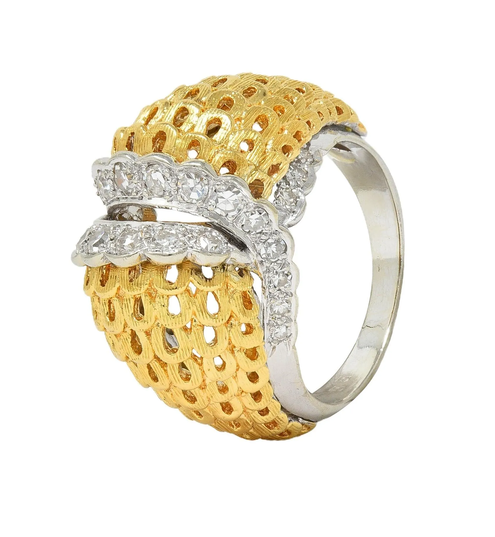 Mid-Century 0.66 CTW Diamond 18 Karat Two-Tone Gold Vintage Domed Cocktail Ring