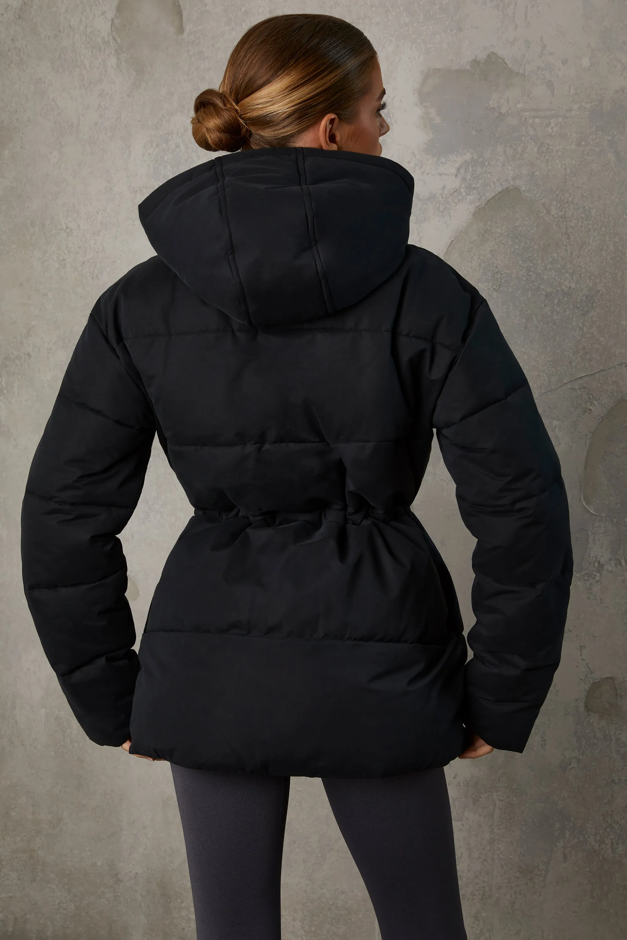 Mid Length Hooded Puffer Coat in Black