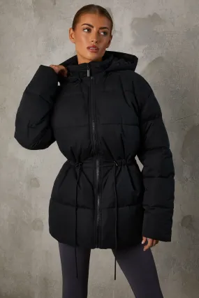 Mid Length Hooded Puffer Coat in Black