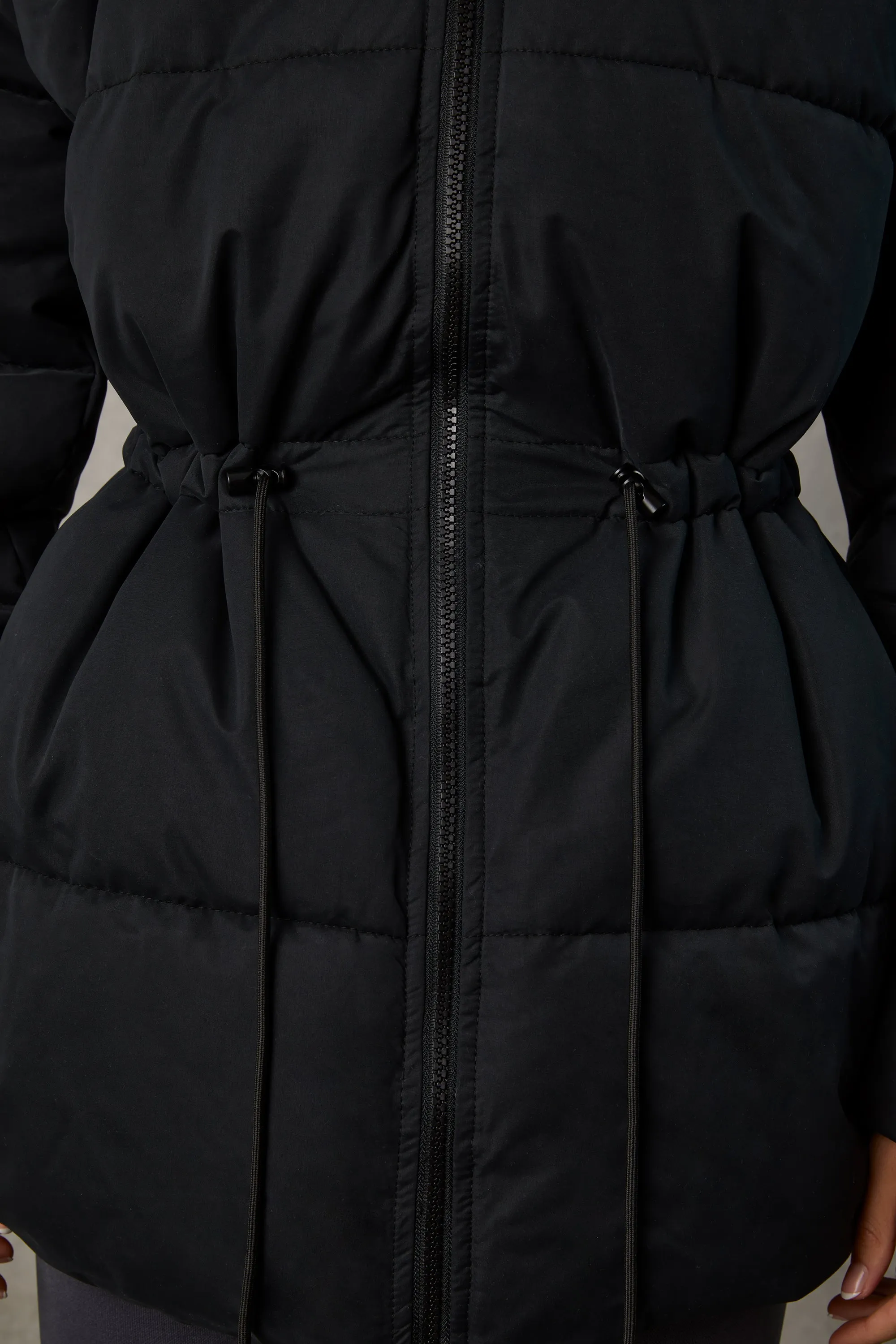 Mid Length Hooded Puffer Coat in Black