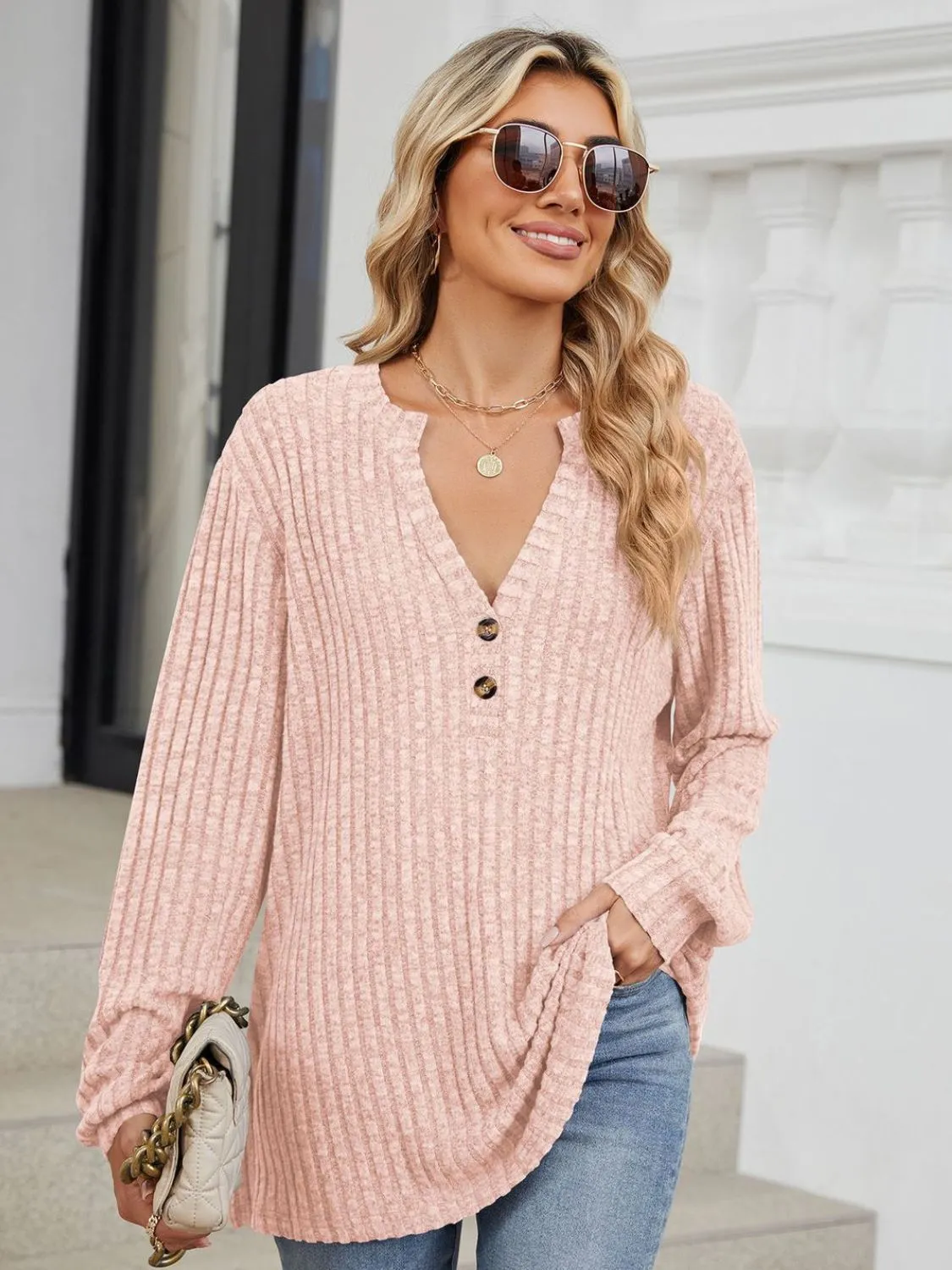 Mindy Ribbed Notched Long Sleeve T-Shirt -Ships 8/5