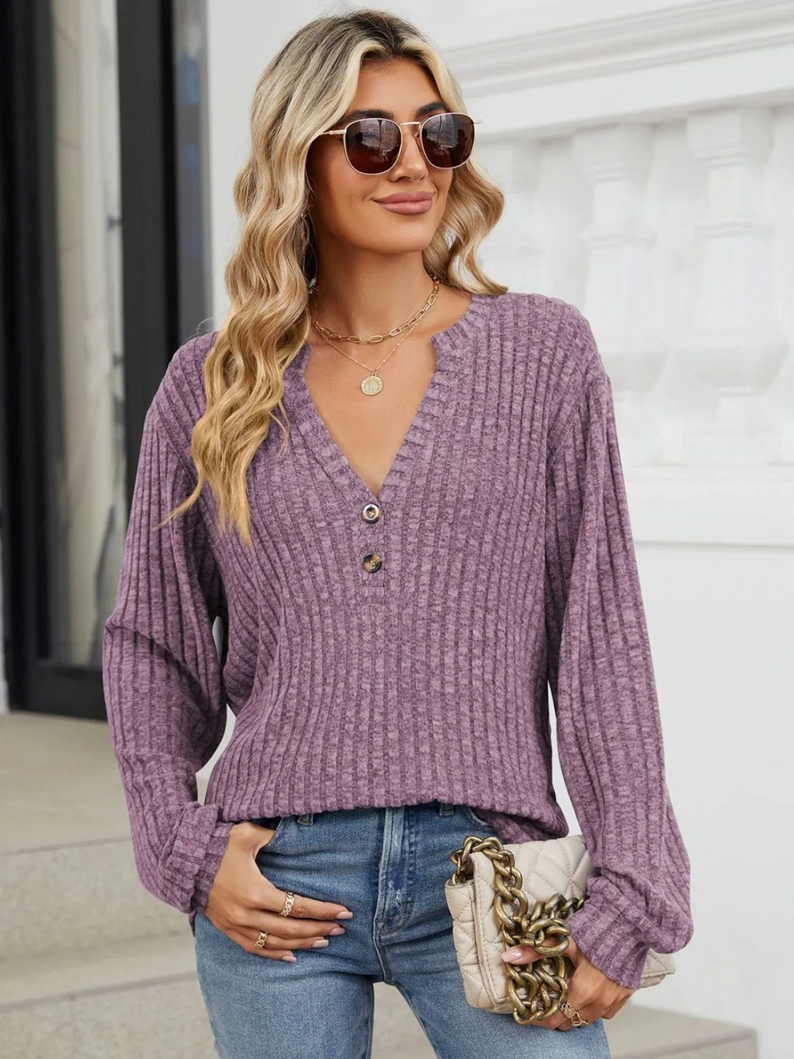 Mindy Ribbed Notched Long Sleeve T-Shirt -Ships 8/5