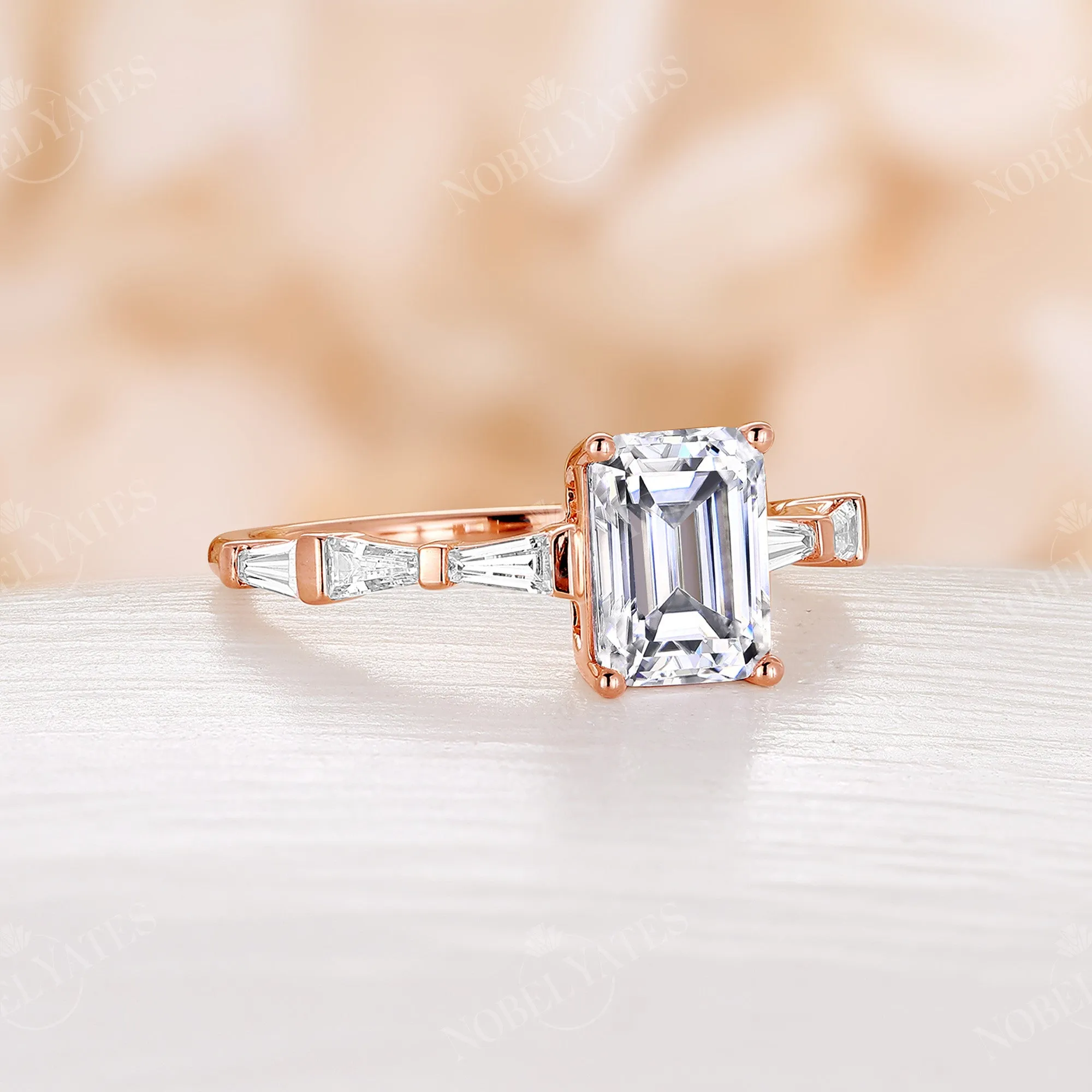 Moissanite Emerald Cut Baguette Side Stone Engagement Ring