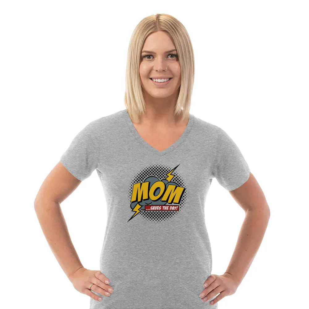 Mom Saves The Day Ladies Cotton V-Neck T-Shirt