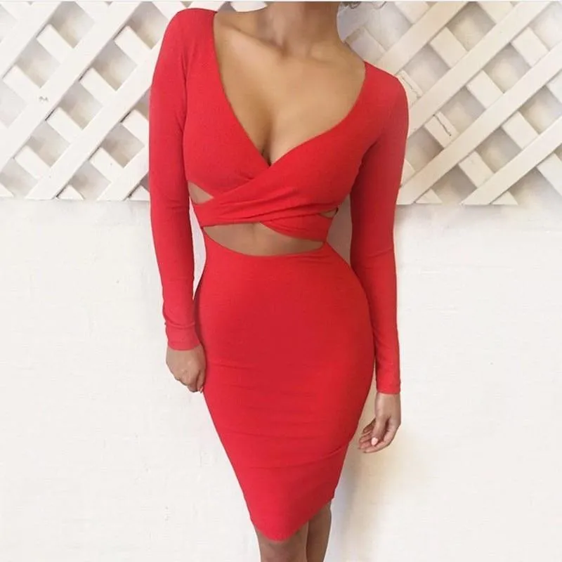 Nadafair Sexy Midi Pencil Club Dress With Long Sleeve