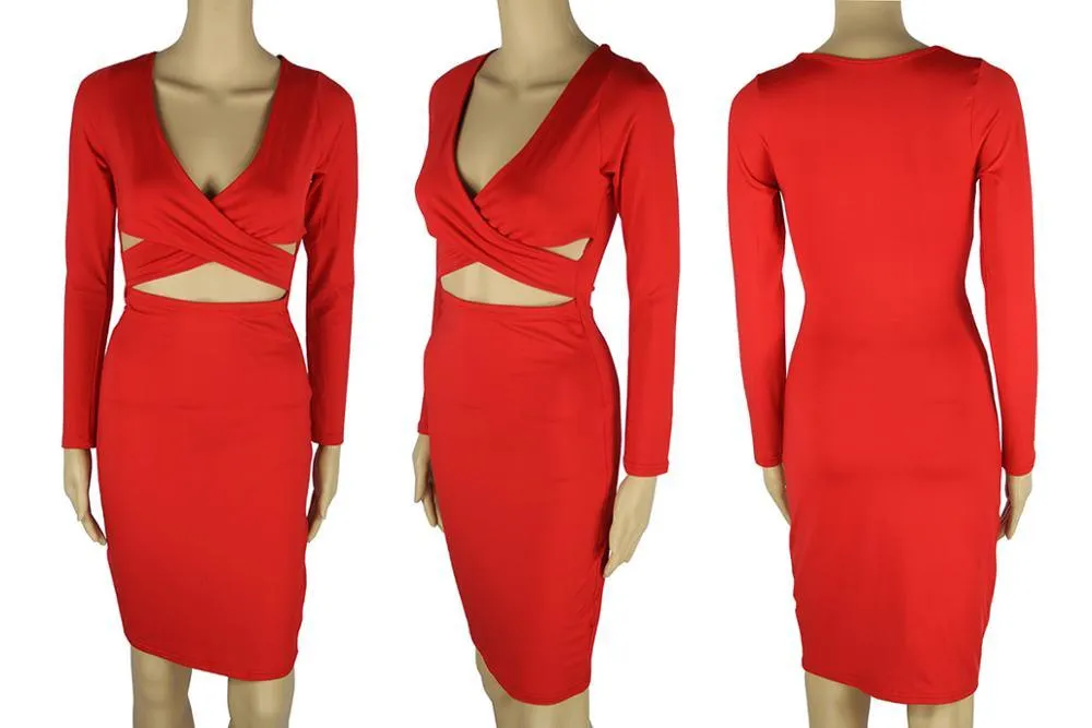 Nadafair Sexy Midi Pencil Club Dress With Long Sleeve