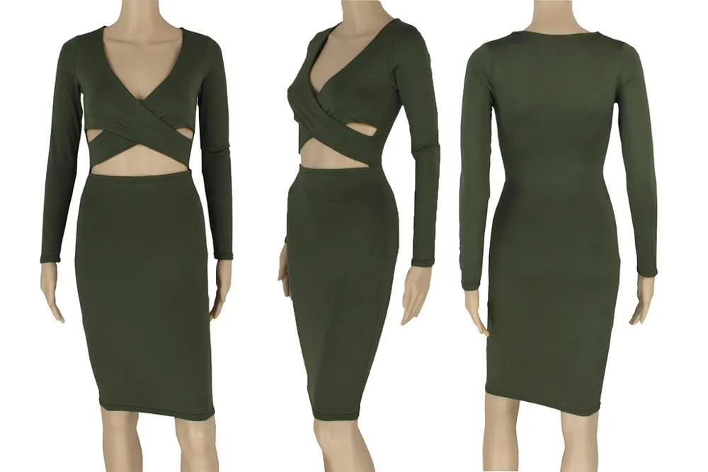 Nadafair Sexy Midi Pencil Club Dress With Long Sleeve